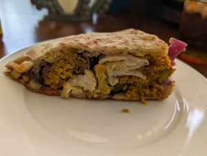 Spicy falafel with the works. Comes work: pickled cabbage, hot peppers, Israeli salad (tomato/cucumber), pickled cauliflower. Huge portion, so delicious at Lea's Falafelhaus in New Haven