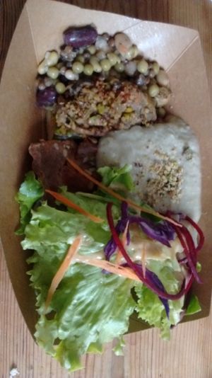 "Assiette chouette" for lunch on the go: mini stuffed zucchini with pistachios, tomato basil tart and creamy fennel vanilla sauce. Yum :) at Greedy Guts in Caen