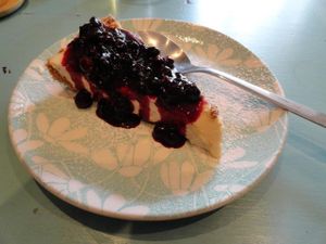Vegan cheesecake with blackcurrants grout at Greedy Guts in Caen