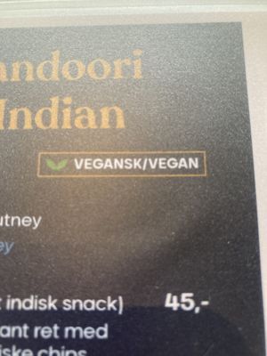 Clearly marked Vegan  at Royal Indian Restaurant in Aarhus