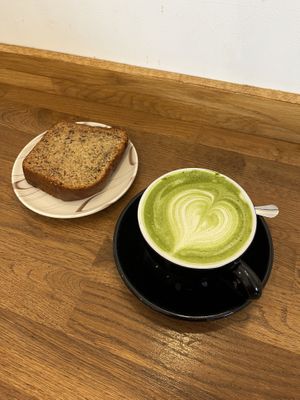 Matcha with oat milk and vegan banana bread .  at Good Mate  in Antibes
