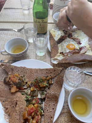 Vegan galette below and to the right is a meat and egg as it caters for those needs too   at Crêperie Bretonne  in Saint-tropez