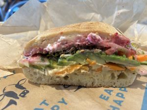 Happy hippie made vegan by omitting cheese, dill ranch dressing, and dubbing ciabatta bread - so good!   at Mendocino Farms in Sacramento