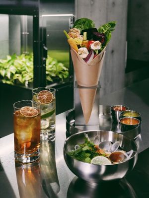 HVEN special cocktails (yellow tonic, afternoon dufftown highball), bouquet wrap and pho at HVEN in Tokyo