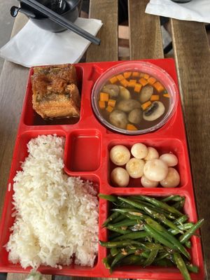 Lunchset 2: tofu, mushrooms soup, rice, eggplants, and green beans   at Vn Street Foods in Marrickville