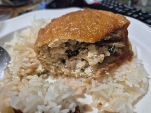 Mushroom stuffed tofu tomato w/rice $13: very good, stuffing is mostly tofu w/ tiny bit mushroom. Subtle sauce at Vn Street Foods in Marrickville