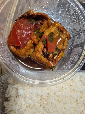 Mushroom stuffed tofu tomato w/rice $13: very good, stuffing is mostly tofu w/ tiny bit mushroom. Subtle sauce at Vn Street Foods in Marrickville