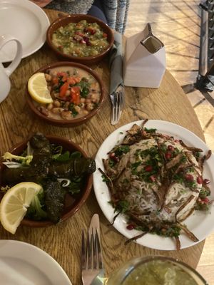 Moujadarah (right), vine leaves (left), foul modamas (middle), and al rahab (top) at Tarboush in Tring
