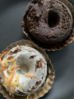 Donuts after transit: carrot cake and chocolate glaze  at Knead Love Bakery in New York City
