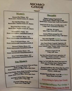 Menu at Momo Ghar in Toronto