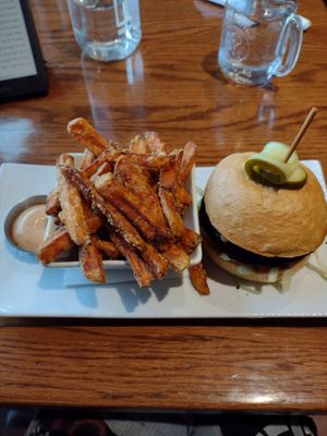 Black bean burger and yam fries at Benaras in Edmonton