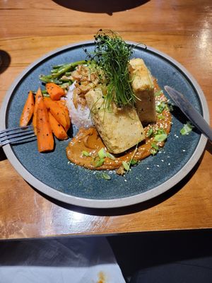 Crispy Fried Tofu Steak. BBQ Peanut sauce? Yes! at Benaras in Edmonton
