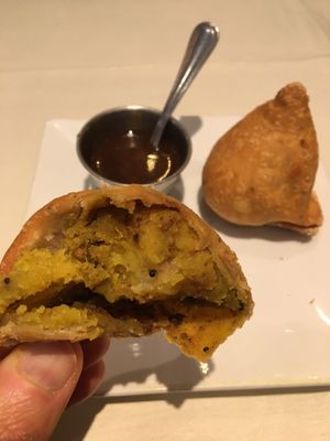 Vegetable Samosa appetizer. Served piping hot. Quite good with tamarind sauce. at Tamarind Indian Cuisine in Edina