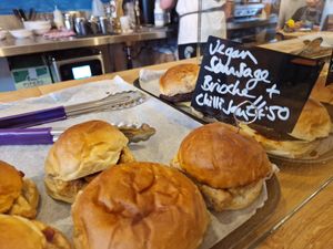 Sausage brioche & chilli jam. at Bluebird Bakery in Beverley