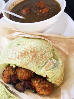 Falafel in spinach pita and lentils soup at Falafelito - Coyoacan in Mexico City