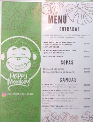 Menú en español - Entradas, Sopas y Canoas at Happy Monkey  in Villa De Leyva