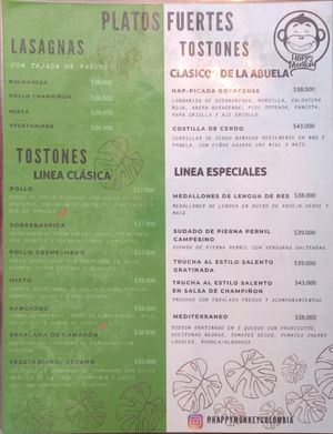 Menú en español - Lasagnas y tostones at Happy Monkey  in Villa De Leyva