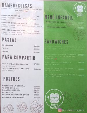 Menú en español - Hamburguesas, pastas, opciones para compartir, postres, menú infantil y sándwiches at Happy Monkey  in Villa De Leyva