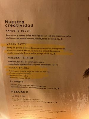 Menu in Spanish part 1 - 2 vegan options  at Mahalo in Tenerife