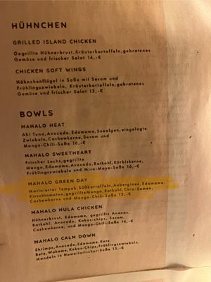 Menu in German part 2  at Mahalo in Tenerife