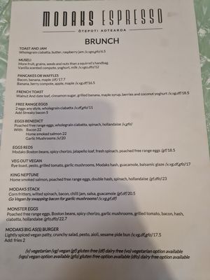 Brunch menu at Modaks Espresso in Dunedin