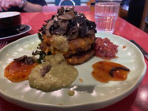 Corn fritters (with mushrooms to make it vegan) - big portion   at Modaks Espresso in Dunedin