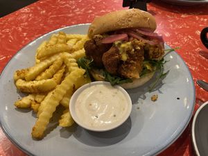Cauliflower burger and fries   at Modaks Espresso in Dunedin
