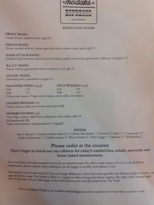 Menu at Modaks Espresso in Dunedin