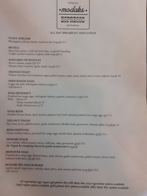 Menu at Modaks Espresso in Dunedin
