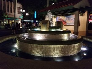 Restaurant exterior at night. Beautiful fountain.  Go early if you want to make it to the FANTASMIC show after dinner. at Walt Disney World - Hollywood & Vine in Lake Buena Vista