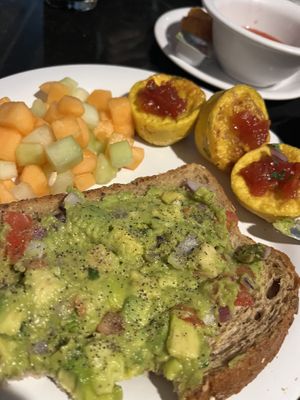 Avocado toast on sunflower bread, fruit, and frittatas with tomato jam  at Walt Disney World - Hollywood & Vine in Lake Buena Vista