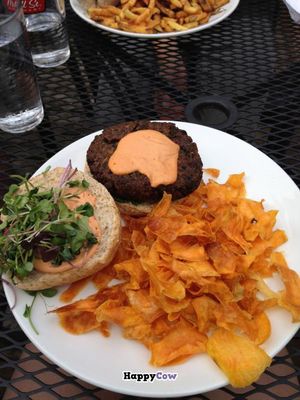 Black bean, mushroom and walnut burger. Delicious with red pepper/cashew sauce. at Lola's Kitchen in Toronto