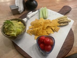Mango guacamole and nachos  at La Veda in Arambol