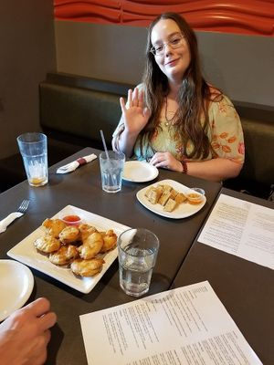 Eggplant tempura on one plate, fried tofu on another - appetizers! at Project Animal Freedom - Decatur, IL  in Decatur
