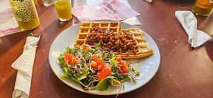savoury waffles with plant bacon at Safe Space in Prague