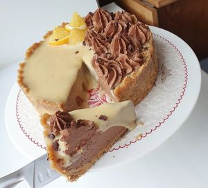 Orange and chocolate cheesecake with caramel at Moonihelves in Tallinn