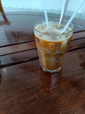Iced latte with caramel syrup and almond milk at Castle Books  in Castlebar