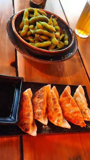 Gyozas and free edamame at Daizu Ramen in Berlin
