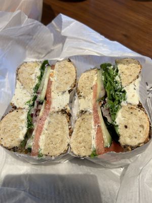 The veg bagel sandwich with vegan garlic and herb cream cheese!   at Kismet Bagels - Rittenhouse Square in Philadelphia