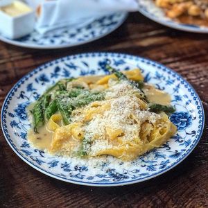 Fresh pasta + asparagus at Oakleaf in Carrboro