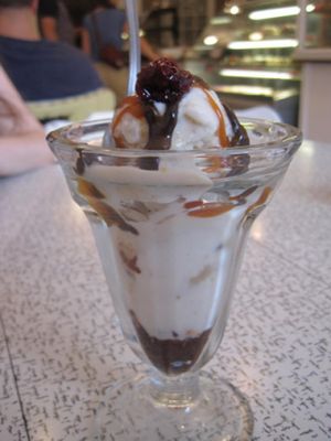 Amazing sundae with chocolate and caramel sauce and cookie dough ice cream. at Sophie Sucree in Montreal