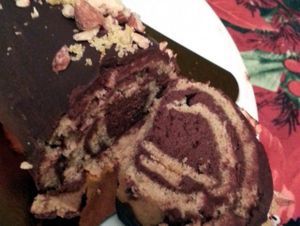 2013 chocolate and orange yule log (bûche de Noël), covered in chocolate ganache and topped with crushed almonds. This was a 10-12 person format and cost $55. It was really moist and yummy. Well done! at Sophie Sucree in Montreal