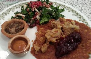 Dec 29/13 brunch: sweet potato pancake topped w/apple & sage holiday stuffing & spiced orange cranberry sauce, tourtière w/house ketchup, kale salad w/cranberries, apples, & caramelized pecans. $12. Plate was minimal for the $$ but tasted excellent. at Sophie Sucree in Montreal