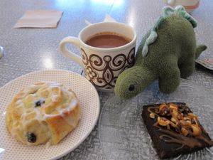 Vegan hot chocolate (the thickest & richest I've ever had, almost pure chocolate!), vegan cream bun with custard and raisins, and vegan gluten-free brownie with caramel and pecans. at Sophie Sucree in Montreal