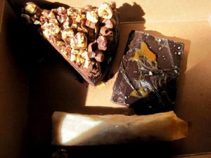 Chocolate-hazelnut cake, chocolate with caramel and fleur de sel, and mini baklava at Sophie Sucree in Montreal