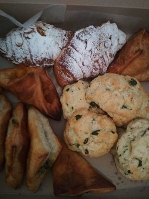 All our favourite things from Sophie: almond croissant, spinach scones and all the spinach puff pastry! Delivered to our door. at Sophie Sucree in Montreal