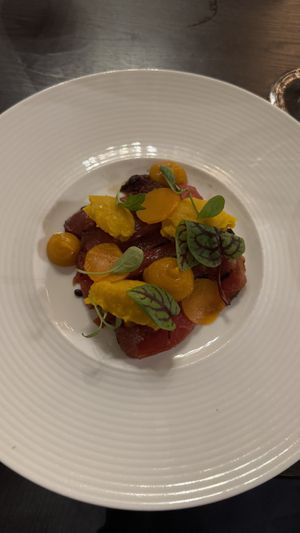 Gerookte watermeloen met pompoen crèmes   at De Basiliek in Groningen