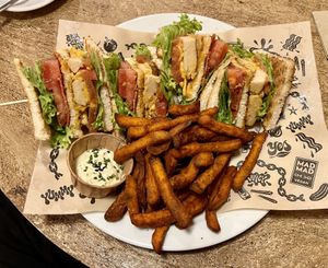 Mad club sandwich with sweet potato fries.  at Mad Mad Vegan - Barcelona in Barcelona