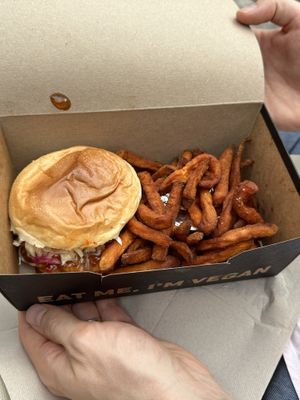 Burger and sweet potato friess  at Mad Mad Vegan - Barcelona in Barcelona