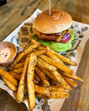 Double Cheese vegan burger with Heura and vacon + Cajun fries at Mad Mad Vegan - Barcelona in Barcelona